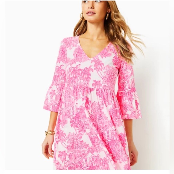 Lilly Pulitzer Dresses & Skirts - Lilly Pulitzer Pink and White V‑Neck Printed Bell‑Sleeve Dress